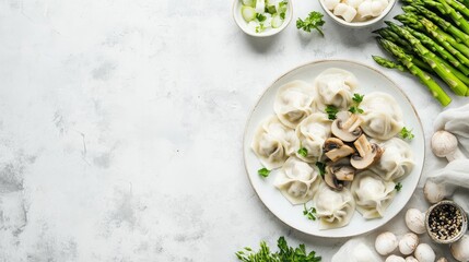 Vibrant Vegan Dumplings with Rigatoni Mushrooms and Fresh Asparagus on Light Gray Background Culinary Flat Lay with Copy Space