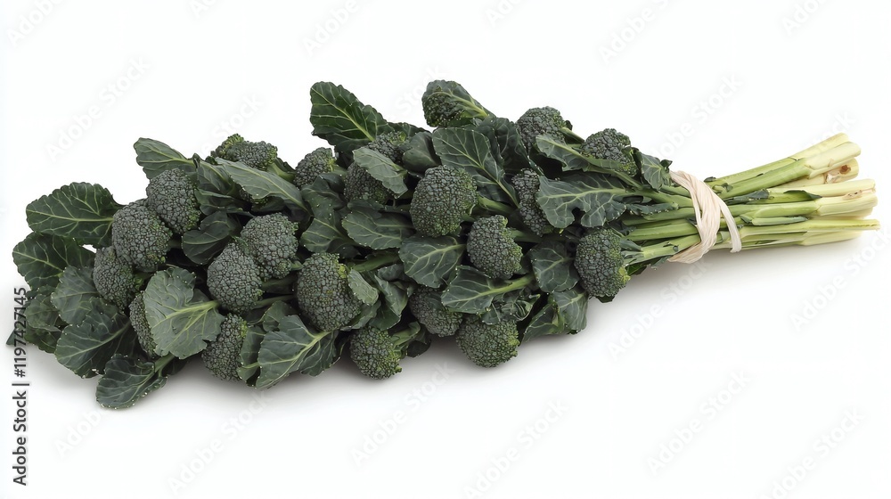 Poster Isolated on white background a single broccoli head with its stem trimmed for a clean presentation Stock Photo with side copy space