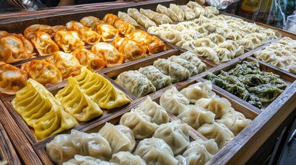 Fototapeta premium Colorful assortment of various dumplings in wooden trays showcasing yellow green and white fillings in a vibrant market setting.