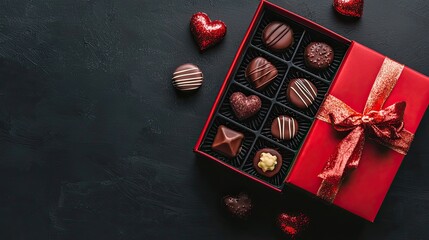 valentine chocolate trends. A red gift box filled with assorted chocolates, including heart-shaped treats, perfect for celebrating love and special occasions.
