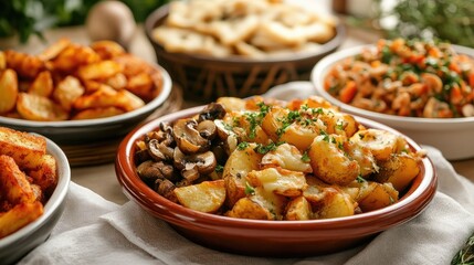 Obraz premium Assorted ethnic dishes featuring golden fried potatoes, sautÃ©ed mushrooms, and colorful garnishes on rustic wooden table setting