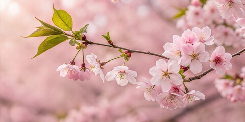 Naklejka premium Horizontal banner with sakura flowers of pink color on blue sky backdrop. Beautiful nature spring background with a branch of blooming sakura. Sakura blossoming season in Japan