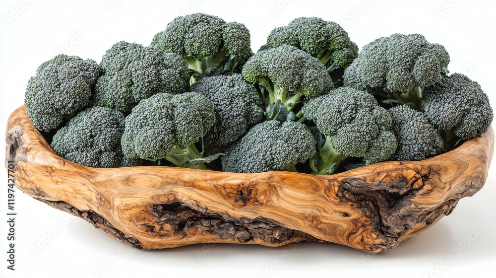Poster Isolated on white background a selection of broccoli heads in a rustic wooden bowl Stock Photo with side copy space