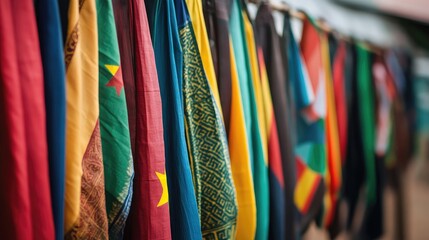 Colorful Assorted Flags from Diverse Nations Hanging Outdoors with Vibrant Textiles and Cultural Patterns in Bright Natural Light