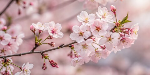 Fototapeta premium close-up of delicate cherry blossom branches, painted in soft pinks and whites, with petals gently falling. The scene captures the ethereal beauty of springtime, with muted green leaves and a soft
