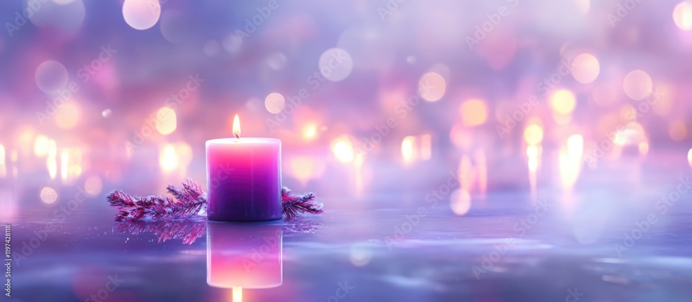 Canvas Prints purple candle on reflective surface with bright bokeh lights and soft focus background copy space