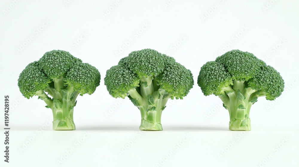 Fototapete isolated on white background a small group of broccoli heads placed in a straight line for a minimal
