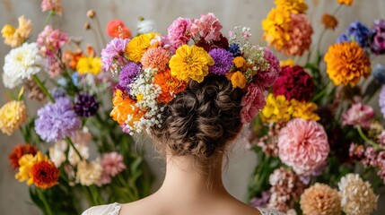Naklejka premium Colorful floral crown adorned on a woman's head with vibrant assorted flowers in soft focus background, featuring pink, yellow, and purple blooms indoors.