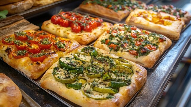 Freshly baked assorted focaccia bread displayed in a vibrant bakery setting, topped with colorful seasonal vegetables and aromatic herbs, featuring red tomatoes, green zucchini, and mixed herbs.