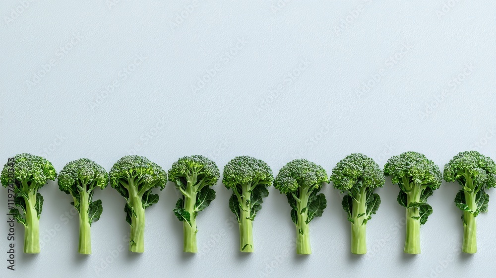 Aufkleber Isolated on white background a small group of broccoli heads placed in a straight line for a minimalistic display Stock Photo with side copy space