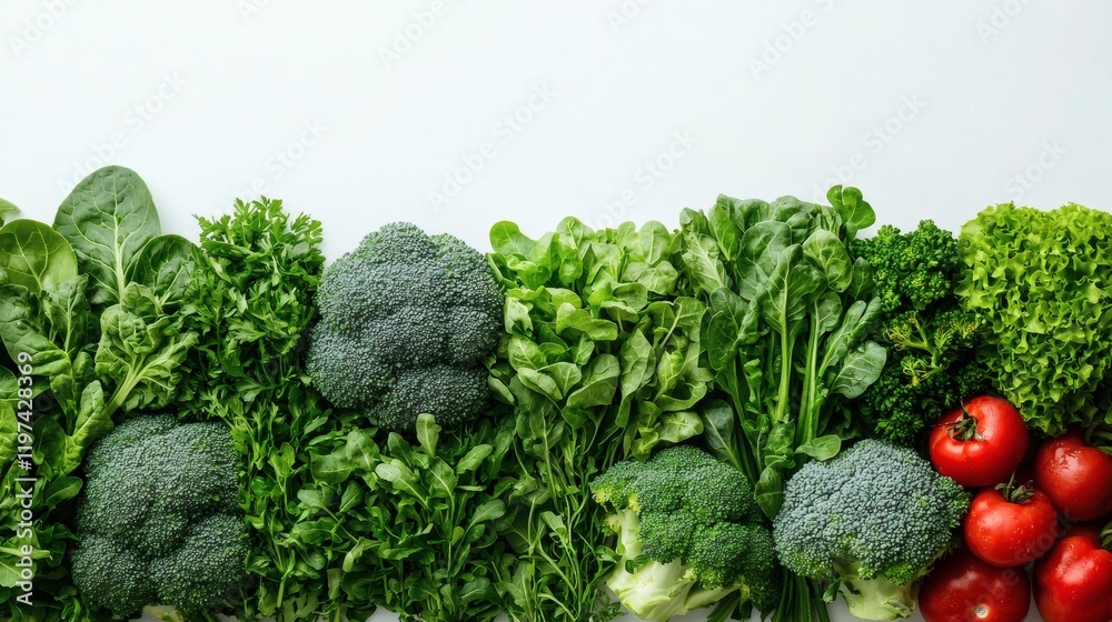 Aufkleber Isolated on white background a broccoli head and florets arranged in a symmetrical layout Stock Photo with side copy space