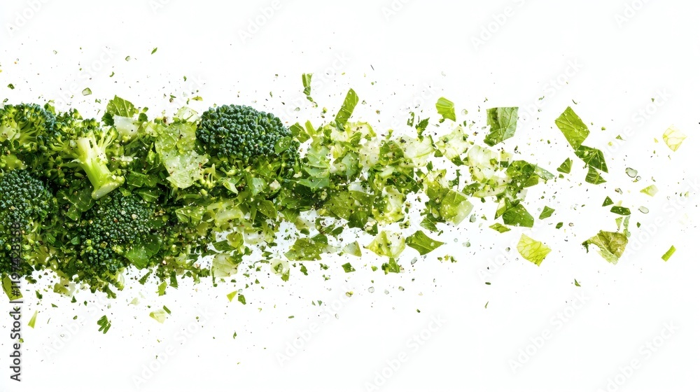 Poster Isolated on white background a broccoli head with smaller florets scattered around creating a natural look Stock Photo with side copy space