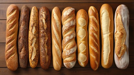Freshly baked assorted French baguette loaves featuring golden crusts and soft interiors arranged neatly on a rustic wooden tabletop in a warm brown setting