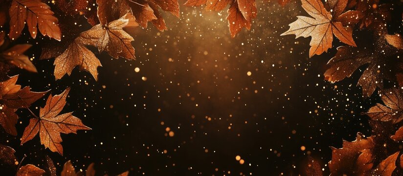 Autumnal background with rich orange and brown fallen leaves creating a warm glow and sparkling bokeh effects in a dark space for text insertion