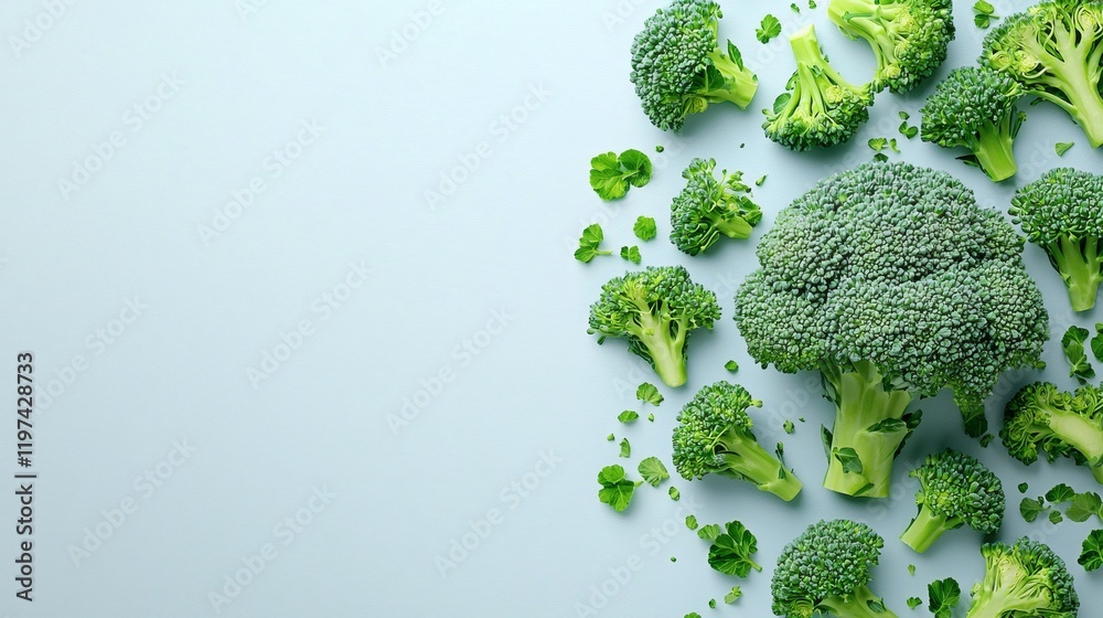 Poster Isolated on white background a broccoli head with smaller florets scattered around creating a natural look Stock Photo with side copy space