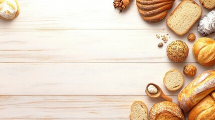 Assorted freshly baked bread and bakery products arranged on a light wooden table with natural...