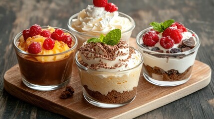 Assorted Colorful Desserts Featuring Chocolate Mousse Vanilla Pudding Raspberry Toppings and Mint Garnish on Wooden Surface