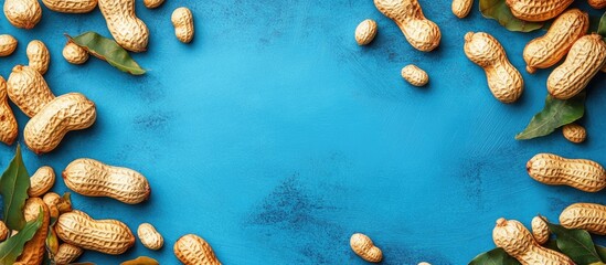 Peanuts scattered on a blue textured background with green leaves and copy space for text insertion
