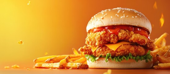 Fried chicken burger with cheese and lettuce accompanied by crispy french fries on a vibrant orange background with copy space