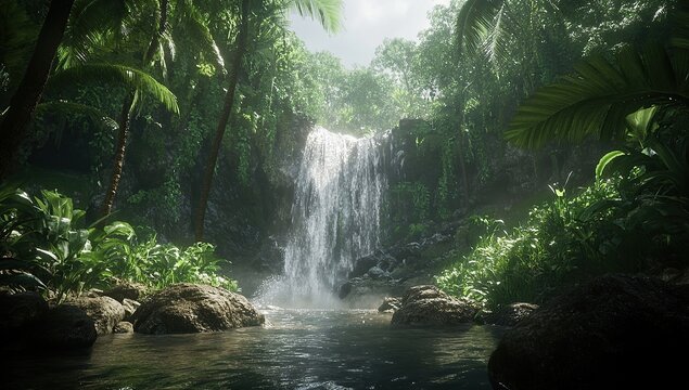 A beautiful waterfall in the middle of an exotic jungle