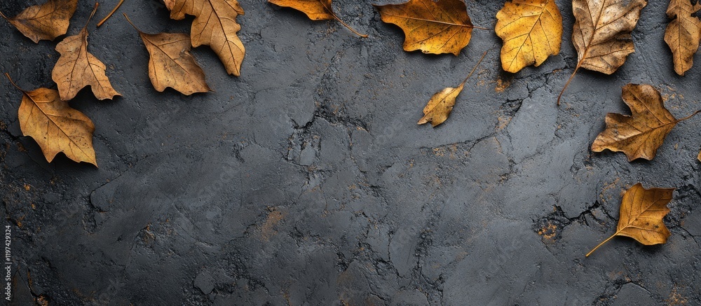 Poster autumn leaves on dark textured background with copy space for text or design elements