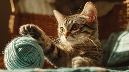 A curious cat pawing at a ball of yarn, playing with it in a room filled with natural light and comfortable home elements.