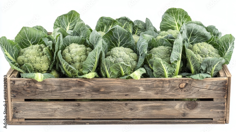 Aufkleber Isolated on white background a group of cauliflower heads neatly arranged in a wooden crate for a rustic presentation Stock Photo with side copy space