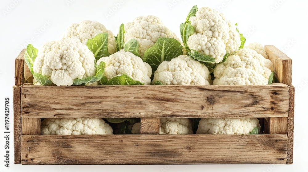 Poster Isolated on white background a group of cauliflower heads neatly arranged in a wooden crate for a rustic presentation Stock Photo with side copy space