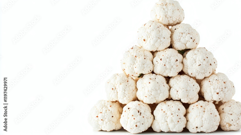 Poster Isolated on white background a stack of cauliflower heads arranged in a pyramid shape emphasizing freshness Stock Photo with side copy space