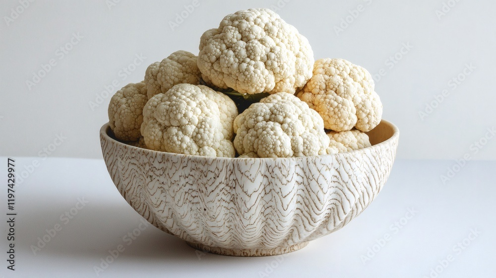 Poster Isolated on white background multiple cauliflower heads placed in a ceramic bowl for a clean and fresh display Stock Photo with side copy space