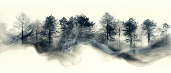 Ethereal smoke trails intertwine with forest trees creating a surreal natural landscape