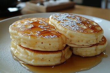 Fluffy pancakes drizzled with syrup and powdered sugar, a delicious breakfast treat.