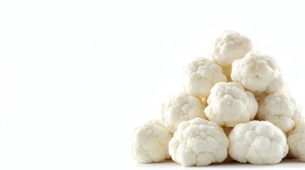 Isolated on white background a stack of cauliflower heads arranged in a pyramid shape emphasizing freshness Stock Photo with side copy space