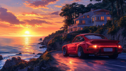 Fototapeta premium Red Sports Car Driving on Coastal Road During Vibrant Sunset, Scenic Landscape, Digital Illustration