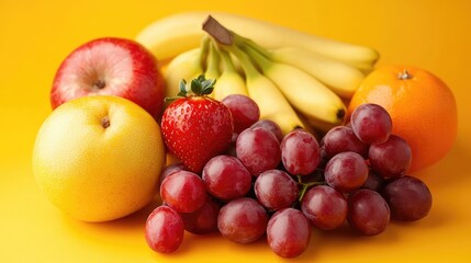 Assorted Fresh Fruits Including Red Apples Yellow Bananas Green Grapes and Orange on Bright Yellow Background