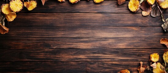 Wooden background with dried leaves and flowers arranged along the edges featuring ample copy space for text insertion