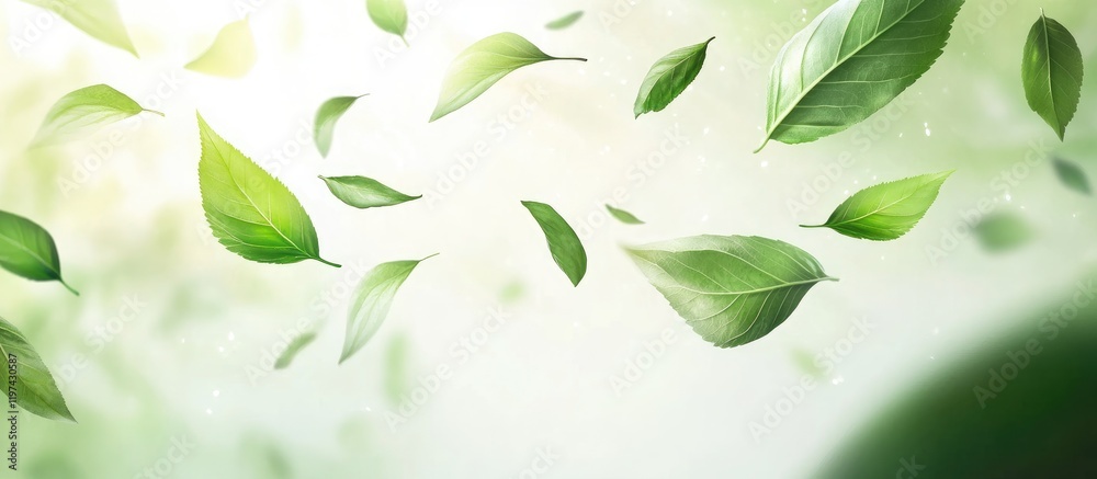 Poster green leaves floating with a soft light background and copy space for text insertion