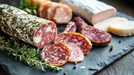 Assorted fresh meats artfully arranged on a dark stone surface garnished with green herbs and spices displaying rich textures and colors.