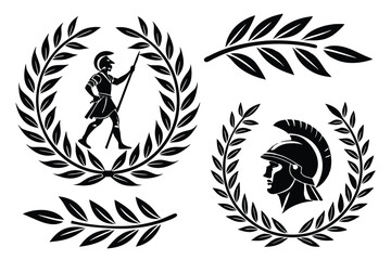Fototapeta premium Laurel wreaths, black and white vector graphics, circular leaf designs, ancient Roman symbols, victory crowns, olive branch motifs, symmetrical patterns, award emblems, heraldic elements, minimalist l