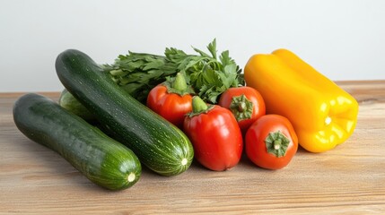 Colorful assortment of fresh mountain vegetables including green zucchini red bell peppers yellow bell pepper and cilantro on rustic wooden table against white background