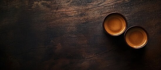 Two clay cups with warm liquid on a rustic wooden table with Copy Space for text placement.