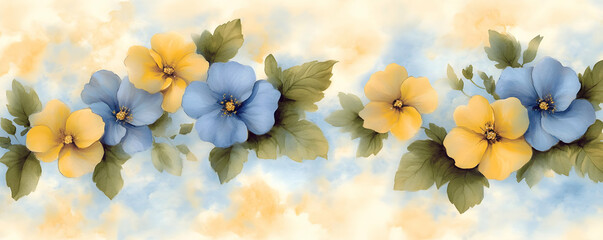 Blue yellow floral border, pastel background