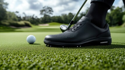 Close-up of a golf player preparing to putt on a lush green course with a focus on the club and ball, perfect for golf enthusiasts