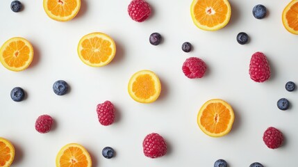 Vibrant Assortment of Fresh Ripe Oranges Raspberries and Blueberries on White Background Creating a Colorful and Healthy Composition