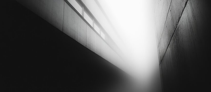 Fototapeta Abstract black and white photograph of a narrow alley with fog and light beams creating a dramatic atmosphere Copy Space