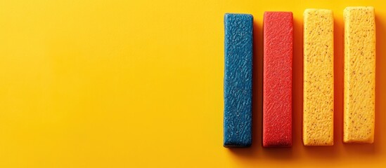 Fototapeta premium Colorful cleaning sponges on vibrant yellow background with copy space for text or promotional message