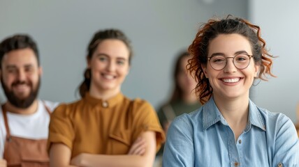 A diverse group of smiling individuals stands together, showcasing camaraderie and teamwork in a bright, modern setting.
