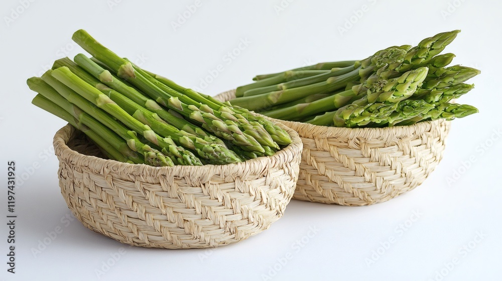 Poster isolated on white background asparagus spears bundled and placed in a woven basket for a rustic farm