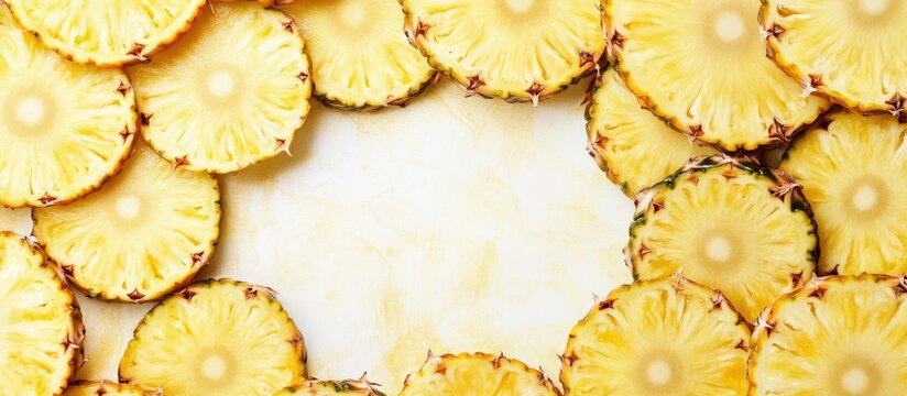 Sliced fresh pineapple circular arrangement with blank space for text or overlay on a light background