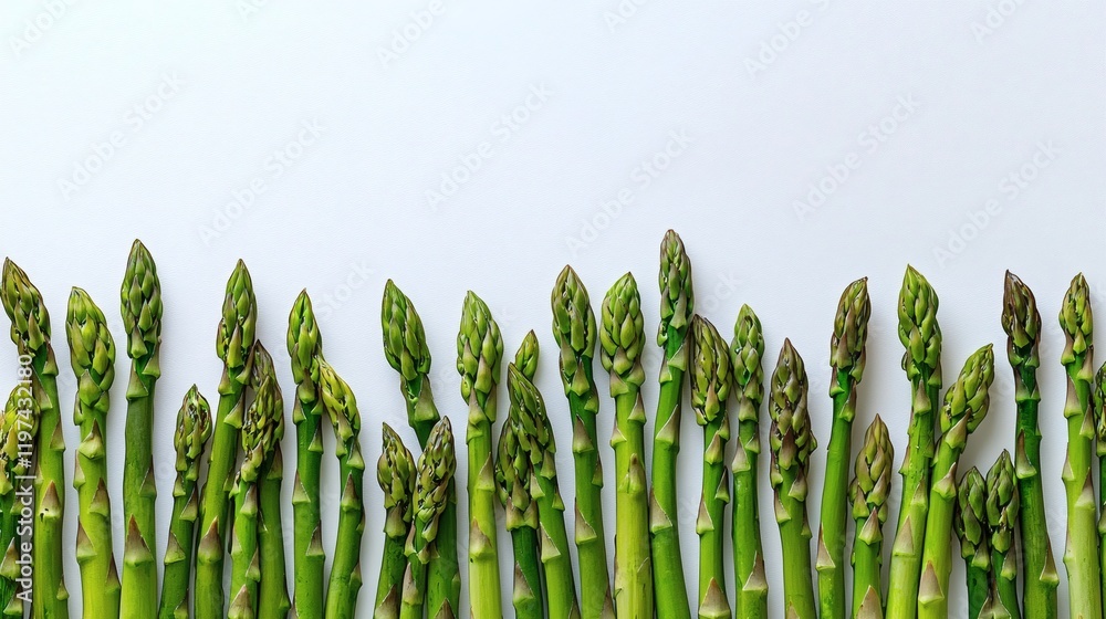 Poster Isolated on white background cut asparagus pieces scattered to create a dynamic and vibrant display Stock Photo with side copy space